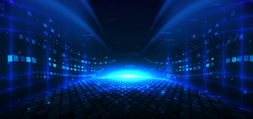 Poster - Technology futuristic glowing lines neon blue light ray on dark blue background with square pattern digital element.