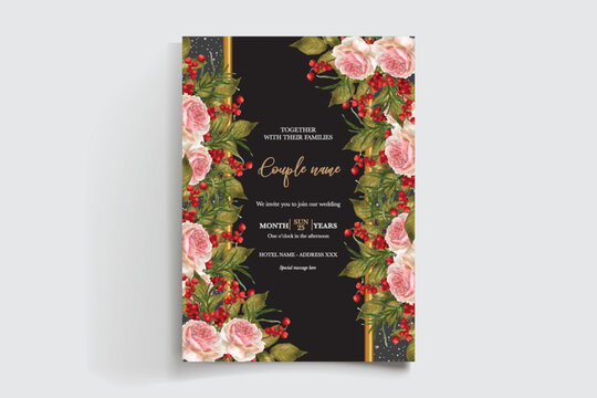 WEDDING INVITATION FRAME WITH FLOWER DECORATIONS AND FRESH LEAVES