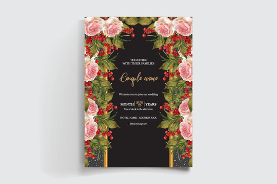 WEDDING INVITATION FRAME WITH FLOWER DECORATIONS AND FRESH LEAVES