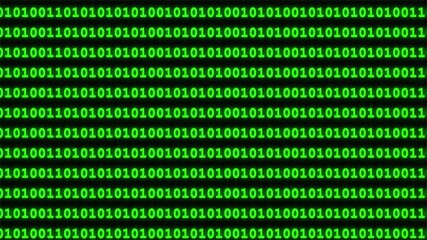 Motion Graphics of binary Rows of glowing green ones and zeros fill the frame against a black background