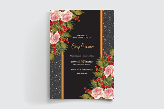 WEDDING INVITATION FRAME WITH FLOWER DECORATIONS AND FRESH LEAVES