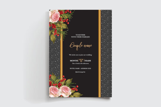 WEDDING INVITATION FRAME WITH FLOWER DECORATIONS AND FRESH LEAVES