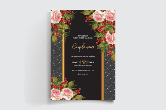 WEDDING INVITATION FRAME WITH FLOWER DECORATIONS AND FRESH LEAVES