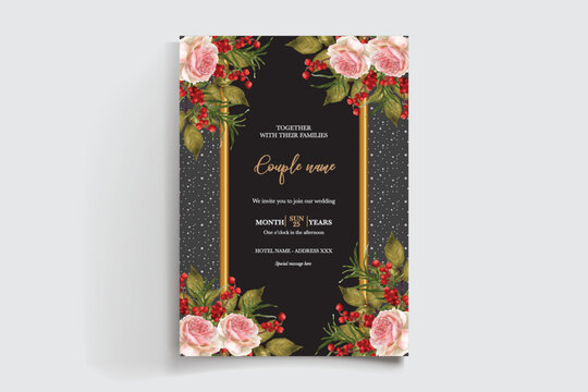 WEDDING INVITATION FRAME WITH FLOWER DECORATIONS AND FRESH LEAVES
