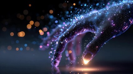 Wall Mural - A cosmic hand reaching out, surrounded by glowing particles and abstract lights in a dark space