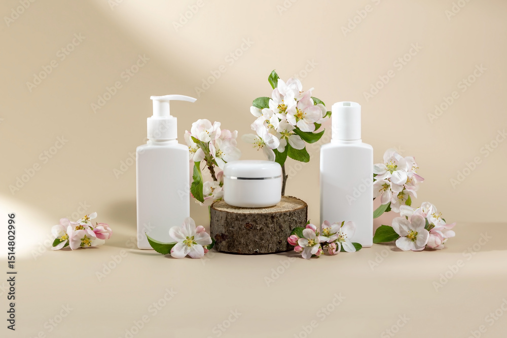 cosmetics containers on a wooden podium and branches of a blooming apple tree on a beige background