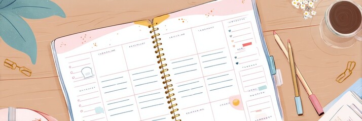 Leinwandbilder - Weekly Calendar Illustration Featuring Goals and Motivational Stickers With a Soft Top Margin Set on a Wooden Desk