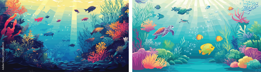 Underwater world coral reef ocean floor marine life sea turtle fish ...