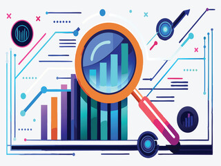 Poster - Magnifying glass analyzing business growth chart isolated on white background
