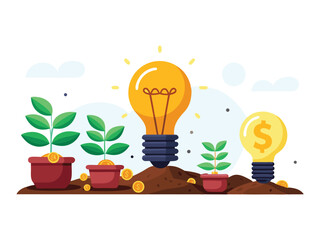 Poster - Growing business ideas money plants lightbulbs isolated on white background
