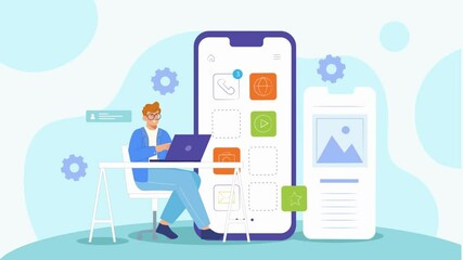 Man working on laptop mobile app interface illustration design