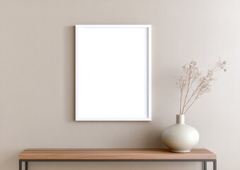 Poster - Minimalist interior scene with a blank frame on a beige wall, a simple wooden console, and a vase holding dried branches, Minimalist home decor.