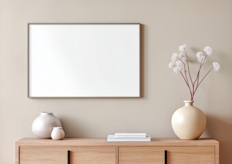 Poster - Minimalist interior with blank frame, ceramic vases, books, and dried flowers on a wooden sideboard against a beige wall, Minimalist home decor.