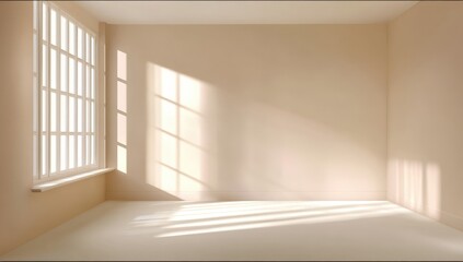 Poster - A bright, empty room with large windows casting natural sunlight and shadows on beige walls and floors, Minimalist home decor.