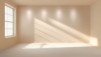 Poster - A bright, empty room with sunlight streaming through a large window, casting shadows on the minimalist cream-colored walls and floor, Minimalist home decor.