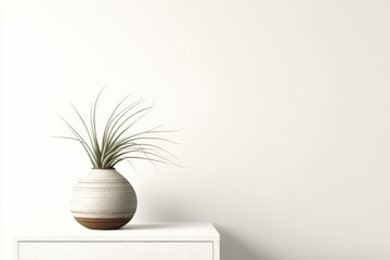Poster - A minimalist potted plant sits on a white cabinet against a plain light wall, creating a clean and modern decor vibe, Minimalist home decor.