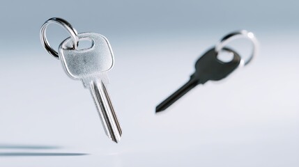 Poster - Two silver keys hang in the air against a soft blue background. The image captures the beauty of simplicity and elegance. Perfect for discussions about security or access. AI