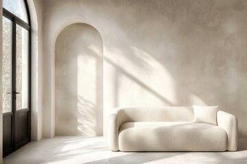 Poster - Minimalist living room with a curved sofa, arched niche, and natural sunlight streaming through large windows, Minimalist home decor.