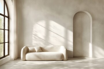Poster - Minimalist living room with a cozy beige sofa, soft pillow, arched doorway, and large window letting in natural sunlight, Minimalist home decor.