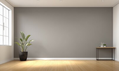 Poster - Minimalist room with a gray wall, wooden floor, large plant, and a small table by the window, Minimalist home decor.
