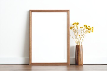 Poster - Minimalist wooden frame with blank space beside a brown vase holding yellow dried flowers on a wooden floor, Minimalist home decor.