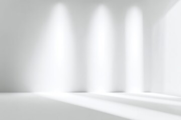 Poster - Minimalist white room with bright spotlights casting shadows on a smooth, empty wall and floor, Minimalist home decor.