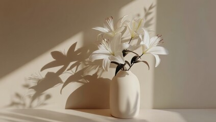 Poster - Elegant white lilies in a minimalist vase cast soft shadows on a neutral wall in natural sunlight, Minimalist home decor.