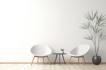 Poster - Minimalist interior with two modern chairs, a small table, and a tall potted plant against a white wall, Minimalist home decor.