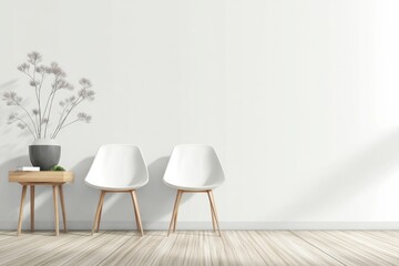 Poster - A minimalist interior with two white chairs, a small wooden table, and a potted plant against a plain white wall, Minimalist home decor.