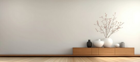 Poster - Minimalist living room interior with wooden cabinet, decorative vases, and a simple floral arrangement against a neutral wall, Minimalist home decor.