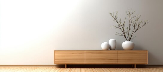 Poster - Minimalist wooden cabinet with white vases and decorative branches against a plain wall on a wooden floor, Minimalist home decor.