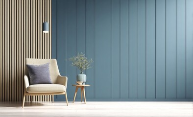 Poster - Cozy modern chair and side table with a plant against a stylish blue paneled wall and wooden slats in a minimalist living space, Minimalist home decor.