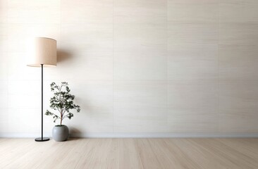 Poster - Minimalist room with a floor lamp and potted plant against a light wooden wall and floor, Minimalist home decor.