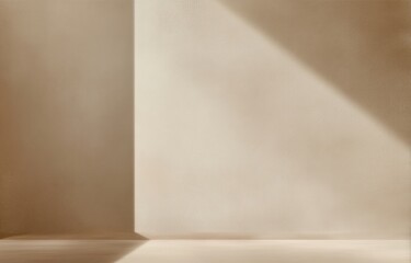 Poster - Minimalist beige wall and floor with soft natural light and shadows creating a calm, empty interior space, Minimalist home decor.