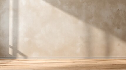 Poster - Sunlight streams through a window onto a bare beige wall and light wooden floor, creating a calm, minimalist interior scene, Minimalist home decor.