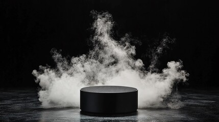 Poster - Black Podium with White Smoke Explosion on Dark Background