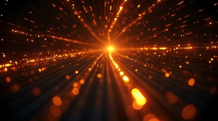 glowing gold particles in dark tunnel abstract background, technology and data visual pathway of lig