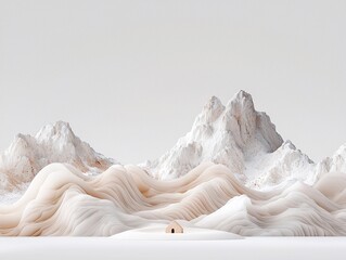 Poster - Minimalist Beige and White Textured Mountain Landscape with Tiny House