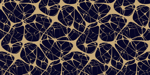 Vector abstract golden seamless pattern with neurons, brain cells, nerves, organic shapes. Simple illustration of neural network, net, grid, bionics. Black and gold background. Trendy modern design
