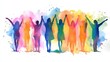 © dhita - Colorful Silhouette of Diverse Women Celebrating Together with Hands Raised Against a Vibrant Watercolor Background