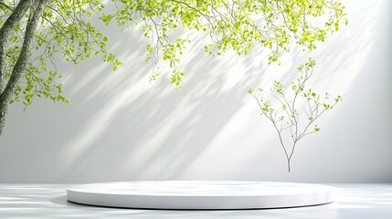 Poster - Circular White Stage in Monochrome Studio with Green Leaves