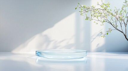 Poster - Clear Glass Oval Display Platform on White Textured Background with Branch