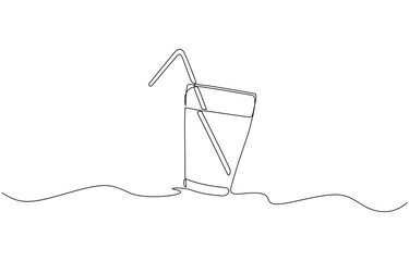 Aufkleber - Glass of water with ice, old drink with a straw for drinking, Drink Glass with ice cubes. Cocktail with straw line art style icon. Continuous line drawing vector illustration.