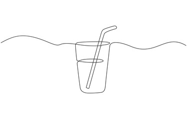 Aufkleber - Glass of water with ice, old drink with a straw for drinking, Drink Glass with ice cubes. Cocktail with straw line art style icon. Continuous line drawing vector illustration.