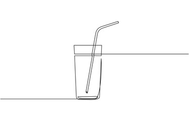 Aufkleber - Glass of water with ice, old drink with a straw for drinking, Drink Glass with ice cubes. Cocktail with straw line art style icon. Continuous line drawing vector illustration.