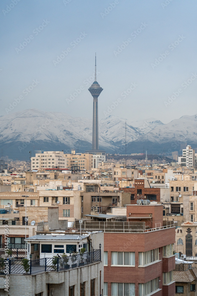 Tehran Rooftops Tehran, Iran - November 12, 2023: Close view of Milad Tower above ...