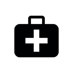 Poster - first aid kit, A solid black icon of a first aid kit or medical bag with a white cross. This universal symbol represents healthcare, medical assistance, and emergency services