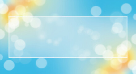 Wall Mural - Soft blue bokeh background with yellow accents and white rectangular frame. Gentle summer banner for wedding invitations, baby shower announcements and holiday greetings