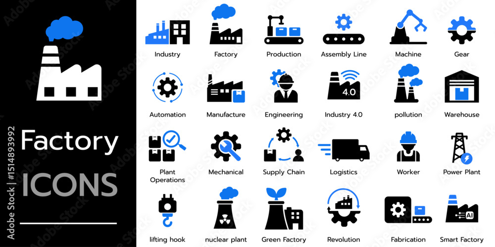 Factory Labeling Machine Icon Set icon factory. industry, production, robotic, machine, manufacture ...