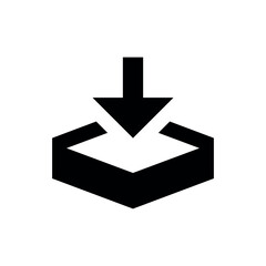 Poster - Download to Hexagon, A crisp, black silhouette of a downward arrow pointing into a hexagonal container, conveying a download or storage action.